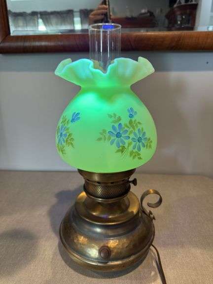 Fenton lamp. Artist signed Nancy Kuhne.