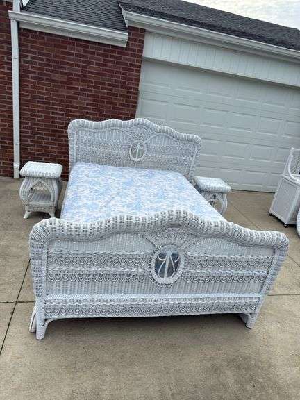 Rattan full size bed with mattress and box spring. 2 night stands