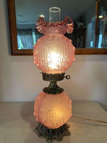 Fenton opaque (not satin) dusty rose cabbage rose Gone With The Wind lamp. 23" tall GWTW