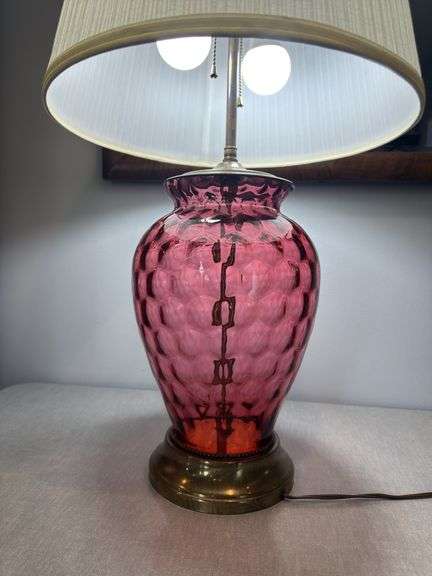 Cranberry optic dot brass lamp with pleated shade. 31" tall