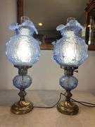Pair of Fenton matching blue cabbage rose with opalescent Gone With The Wind lamps. 21" tall GWTW