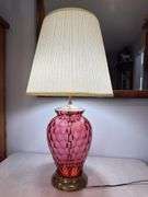 Cranberry optic dot brass lamp with pleated shade. 31" tall