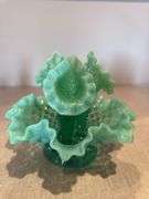Fenton green opalescent hobnail epergne. Uranium
