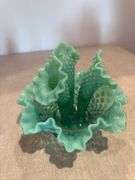 Fenton green opalescent hobnail epergne. Uranium