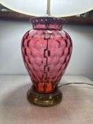 Cranberry optic dot brass lamp with pleated shade. 31" tall