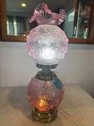 Fenton dusty rose cabbage rose Gone With The Wind lamp. 23" tall GWTW