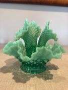Fenton green opalescent hobnail epergne. Uranium