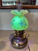 Fenton lamp. Artist signed Nancy Kuhne.
