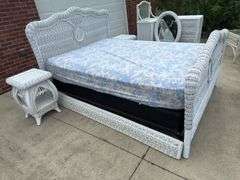 Rattan full size bed with mattress and box spring. 2 night stands