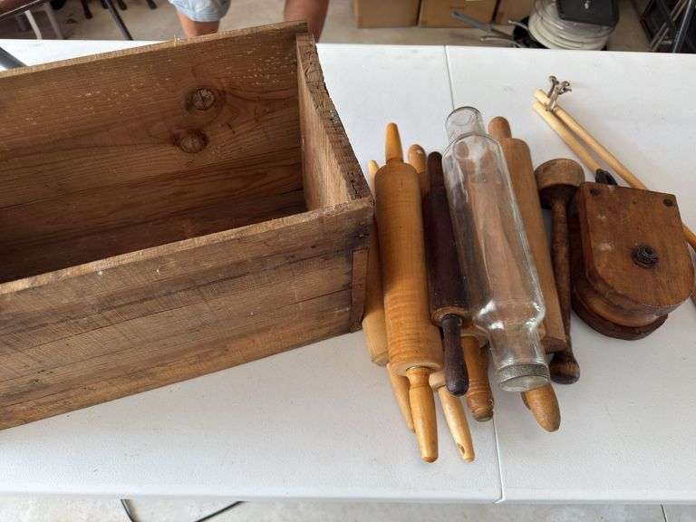 Wood and glass rolling pins and old wood box. See pics