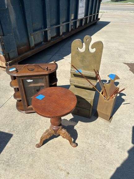 Small curio cabinet, piano bench, Americana items