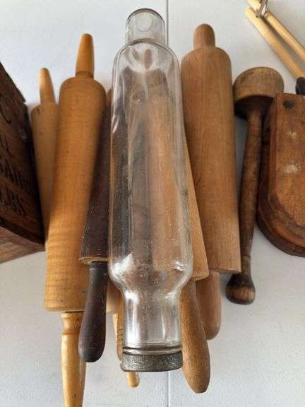 Wood and glass rolling pins and old wood box. See pics