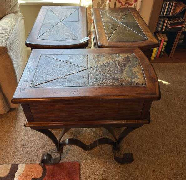 Set of 3 end tables with slate tops 14” wide by 23” deep by 25” tall