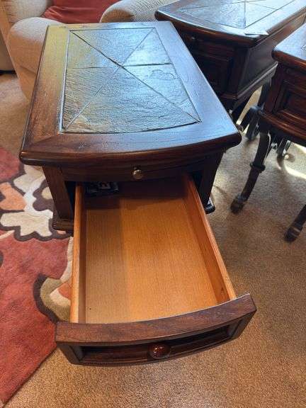 Set of 3 end tables with slate tops 14” wide by 23” deep by 25” tall