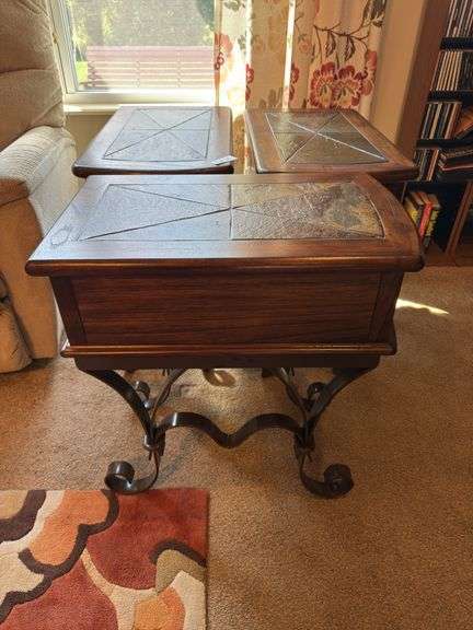 Set of 3 end tables with slate tops 14” wide by 23” deep by 25” tall