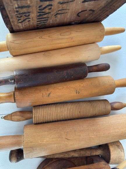 Wood and glass rolling pins and old wood box. See pics