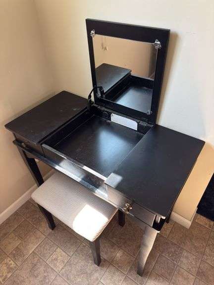 Dressing table with mirror and stool