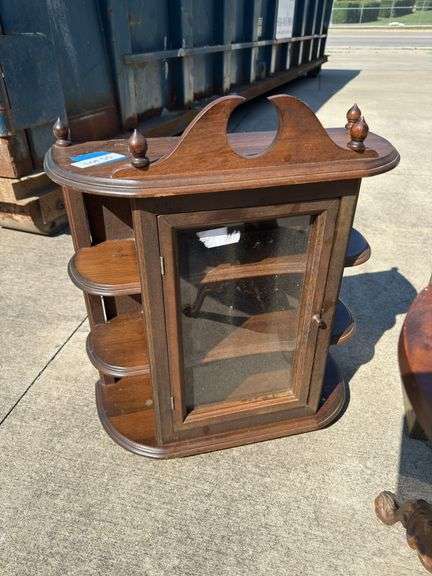 Small curio cabinet, piano bench, Americana items