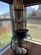 Plant stand with contents. 64” tall. Fits in corner