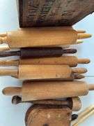 Wood and glass rolling pins and old wood box. See pics