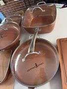 Lot of copper chef pots and pans as shown