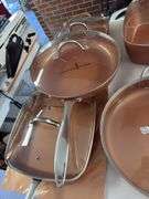 Lot of copper chef pots and pans as shown