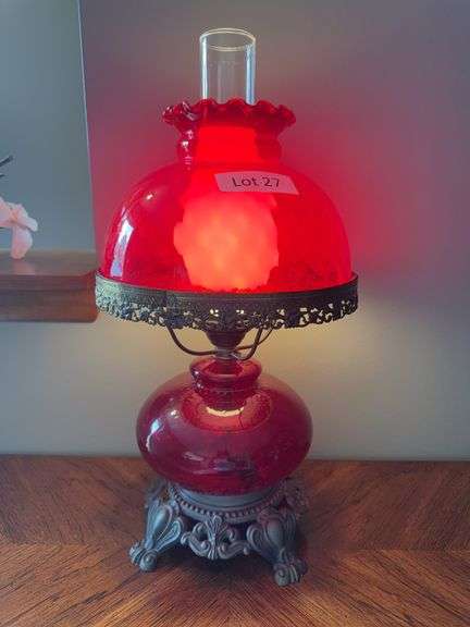 Vintage red glass lamp with chimney