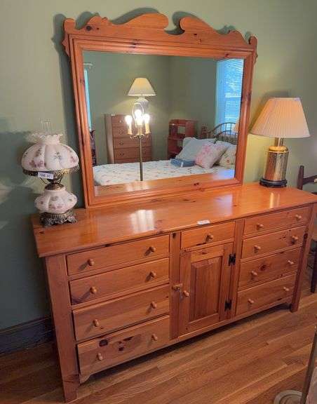 Ethan Allen dresser. Matches lots 39, 43, 44 that are sold separately. 68” wide by 75” tall with mirror, by 19” deep