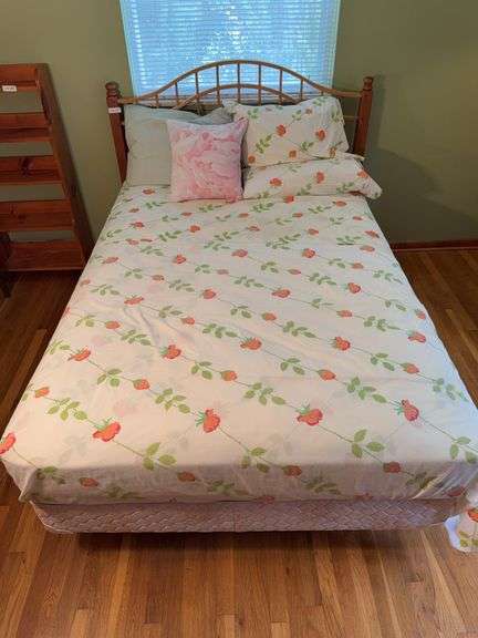 Full size bed. Appears to match lots 43 and 44 that are sold separately. Mattress and box spring will need replaced