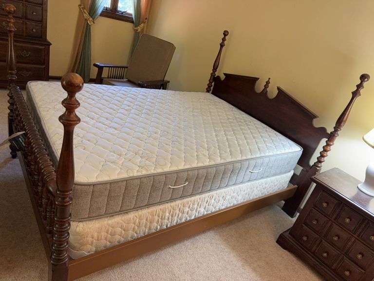 Antique bed frame with mattress and box spring