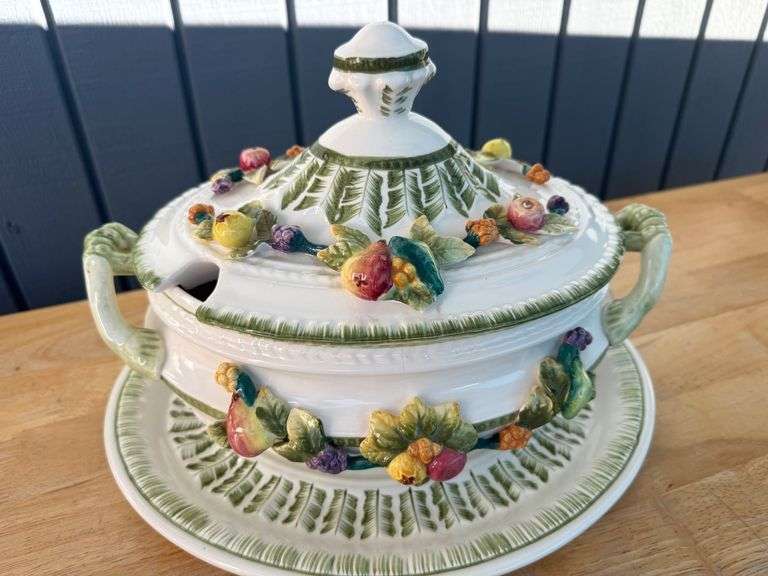 Whimsical Fruit Adorned Lidded Soup Tureen with Serving Plate image