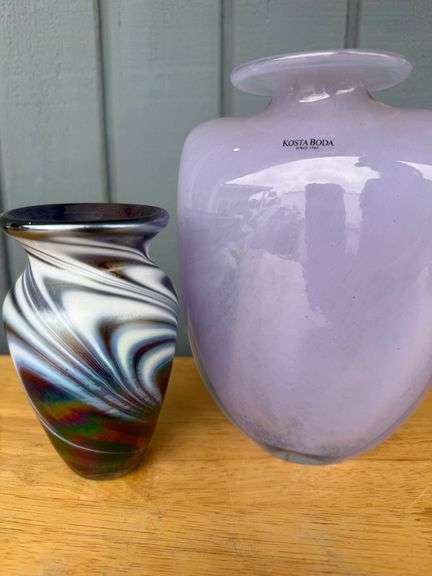 Signed Art Glass Vases -  Iridescent Swirl Vase and a Signed Kosta Boda Lavender Vase image