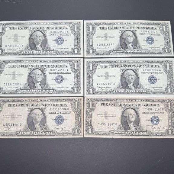 Six $1 Silver Certificates – Two Sequential Pairs image