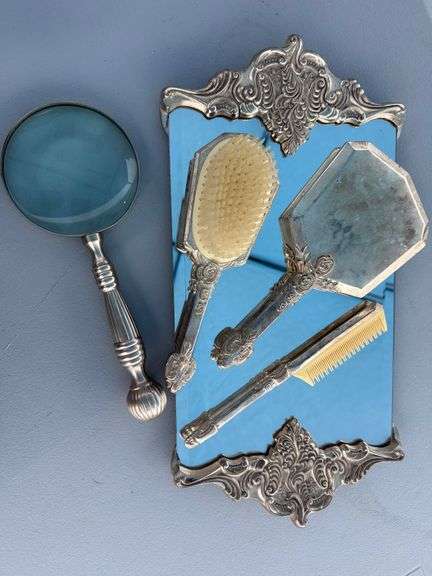 Ornate Vanity Set with Tray, Mirror, Brush, Comb and Magnifying Glass image