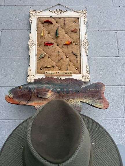 Fishing Lure Display, Wooden Fish Wall Hanging, and Henschel Hat image