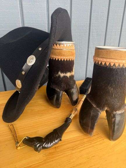 Pair of Decorated Bovine Hoof Mugs with Leather Detailing image