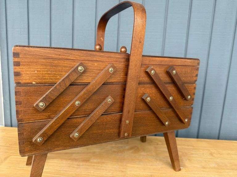 Mid-Century Modern Wooden Sewing Box with Supplies image