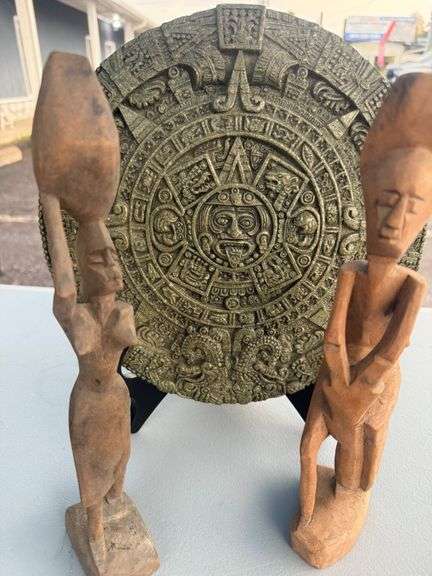 Mayan Calendar Replica and Wooden Sculptures image