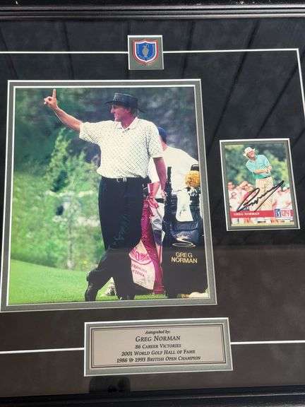 Framed Greg Norman Photo and Autographed Trading Card image