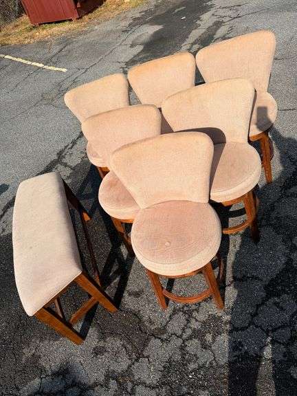 Retro Chic Seating Ensemble: Six Swivel Chairs and a Bench image