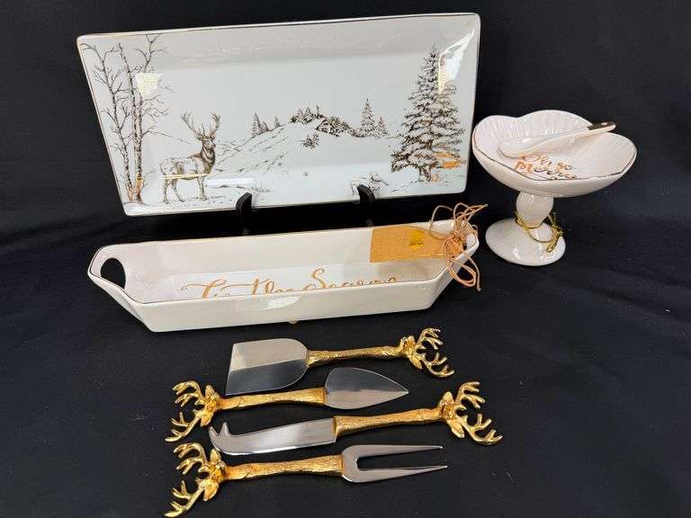 Festive Holiday Serving Set: Cheese Knives, Plates & Spoon image