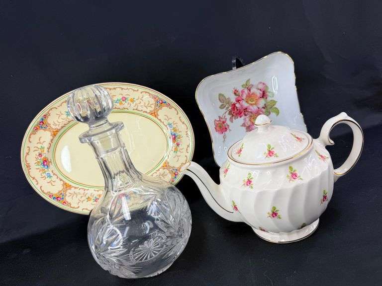 Floral Tea Party Quartet - Teapot, Tray, Plate, and Crystal Decanter image