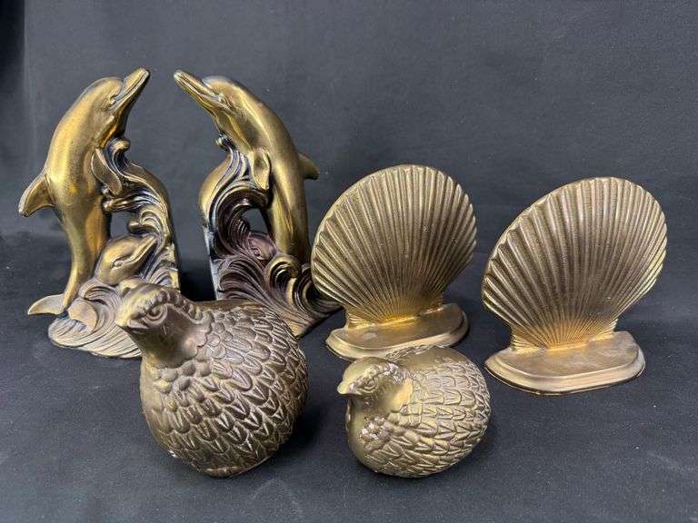 Four Artistic Brass Bookends: Dolphins, Seashells, & Quail image