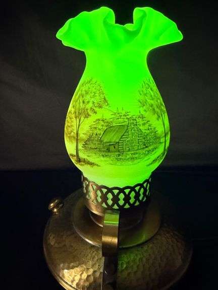 Antique Uranium Glass Table Lamp with Hand-Painted Scene image