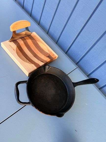 Vintage King Kutter Cast Iron Skillet with Wooden Chopping Block and Cutter image