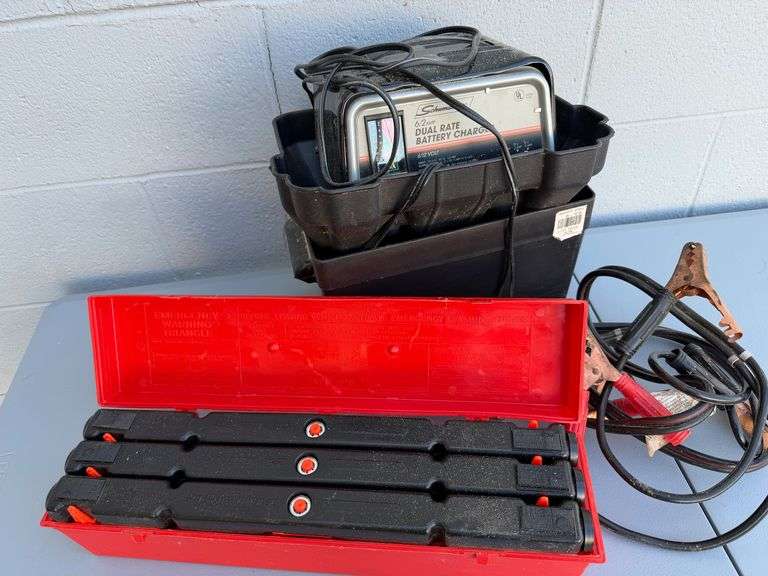 Schumacher Battery Charger, Jumper Cables, Sea Guard Battery Case, and Emergency Warning Triangles – The Whole Car-Care Kit! image