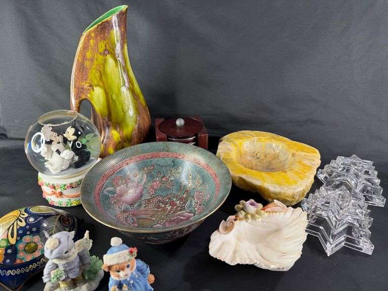 Eclectic Decorative Items: Crystal Stars, Seashell Dish, and Stone Bowl image