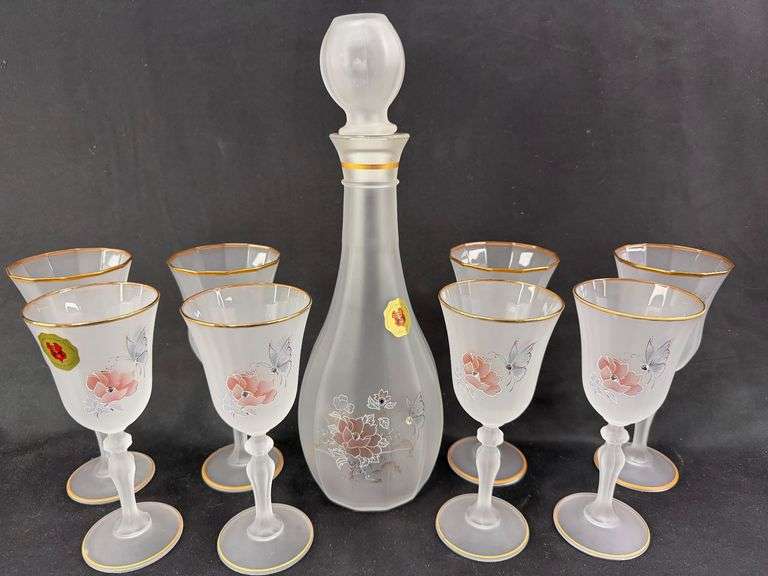 Italian Frosted Glass Decanter and Wine Glass Set image