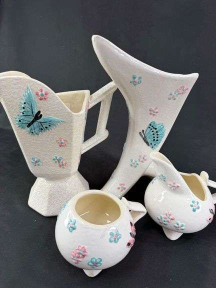 Hall Pottery USA Butterfly Creamer, Sugar, and Vases Set image