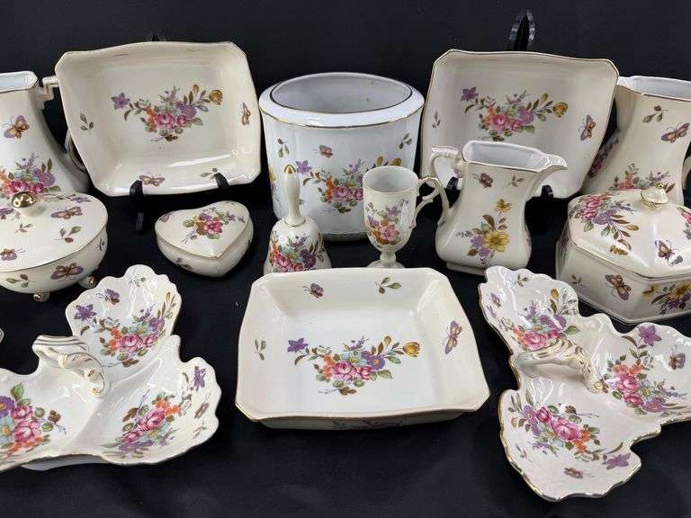 Large Collection of Porcelain Pieces with Floral and Butterfly Designs image